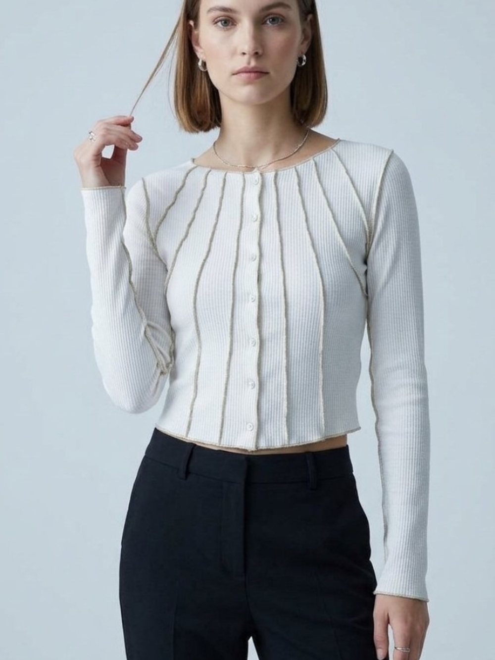 Urban Outfitters Cream Ribbed Button-Front Long Sleeve Top SP